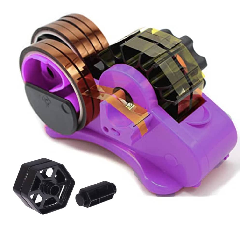 A purple handheld tape dispenser with multiple wheels and a gear mechanism, paired with a black hexagonal attachment and a small cylindrical component, ideal for creating cute Christmas tags. The tape is partially extended, showcasing its translucent brown color.